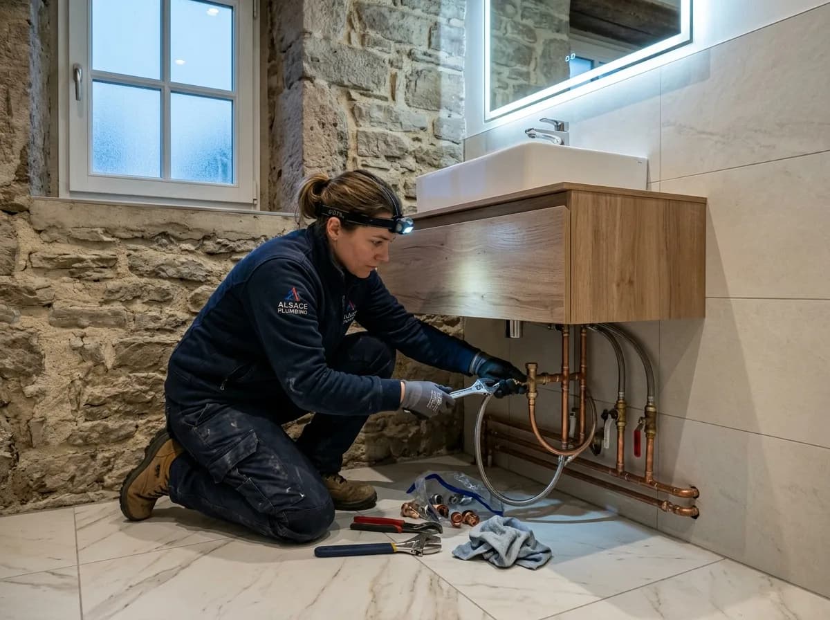 Détail d'une boîte à outils et d'un smartphone posés sur une table en bois dans un appartement alsacien, évoquant la coordination d'une intervention technique