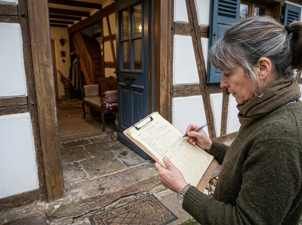 Message de bienvenue et livret d'accueil posés sur un plan de travail de cuisine lumineuse, prêts pour l'arrivée d'un voyageur