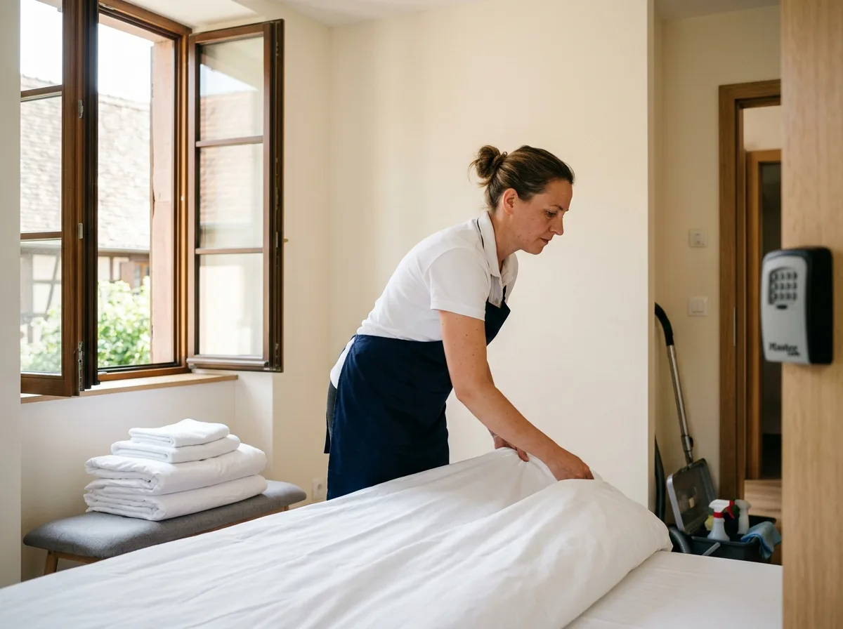 Checklist de ménage posée sur un plan de travail de cuisine équipée, avec produits d'entretien et consommables alignés, prêts pour la rotation d'un logement de location saisonnière