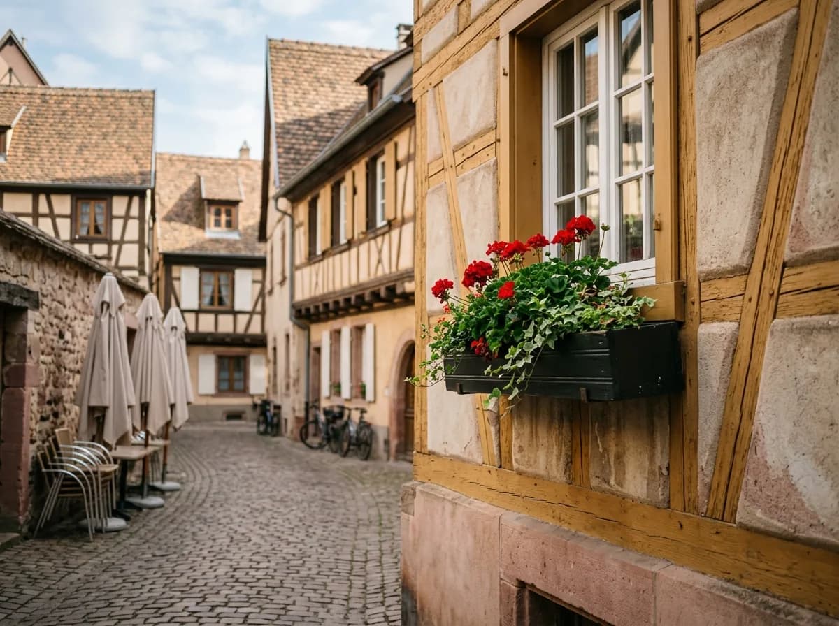 Tableau comparatif des stratégies tarifaires par ville en Alsace, avec calendrier de réservations estivales sur fond de toits alsaciens