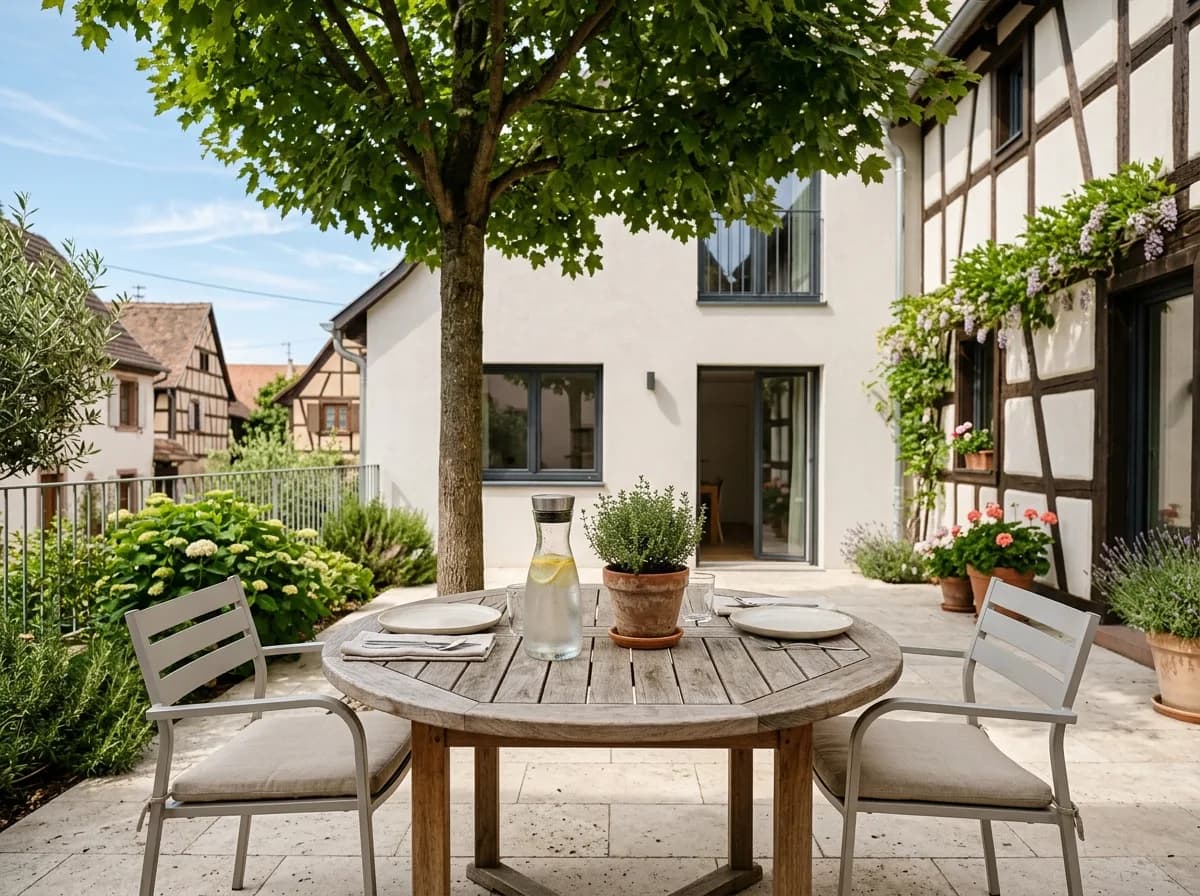 Espace extérieur d'une location saisonnière en Alsace: table et chaises de jardin à l'ombre, barbecue visible, cadre soigné sans mise en scène artificielle