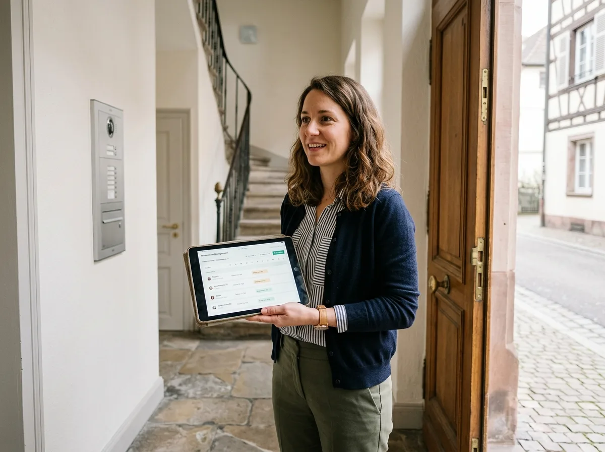 Protocole de check-in supervisé: boîte à clés sécurisée sur la porte d'un logement alsacien, instructions claires affichées, lumière allumée visible depuis l'extérieur